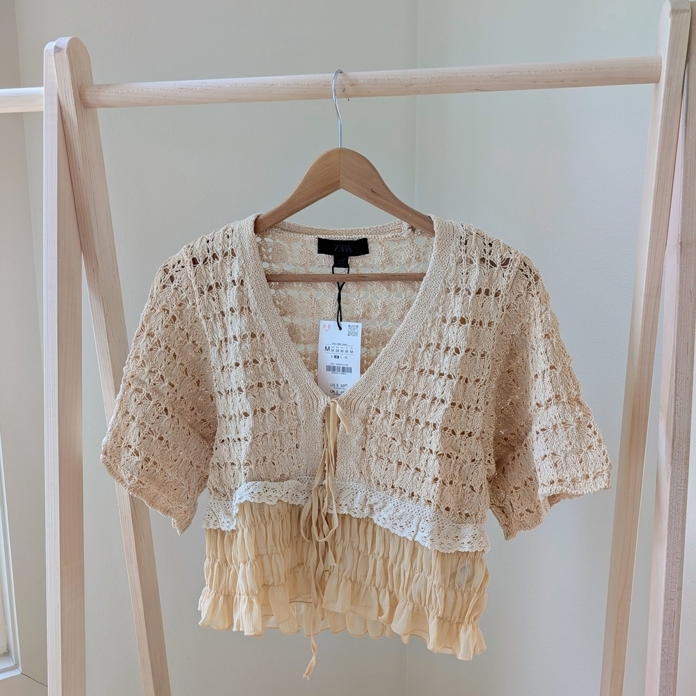 NWT Zara Crochet Open Knit Ruffled Hem Tie-Front Cardigan In Apricot - M - Picture 7 of 11